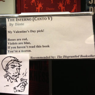 Funny disgruntled bookseller recommendations, original post about a pretentious bookseller, stuff booksellers say, lol, humor, bookstore, reading, book recs