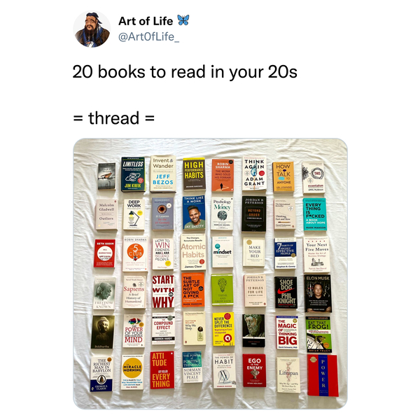20 books to read in your 20s thread, twitter thread guy gets roasted about books, picture of 48 books, tweets, roast, readers, books